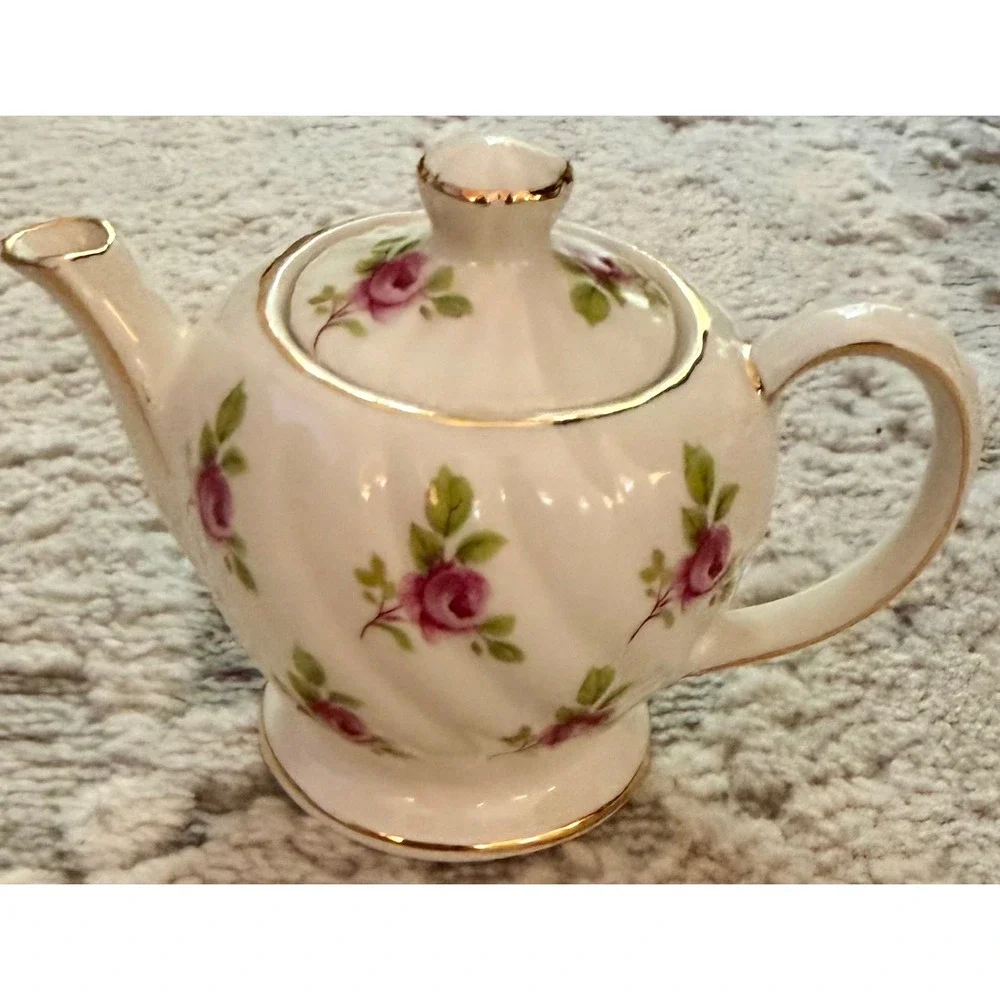 Sadler England Miniature Teapot Vintage Pink Rose Gold Gilt Swirl Bone China